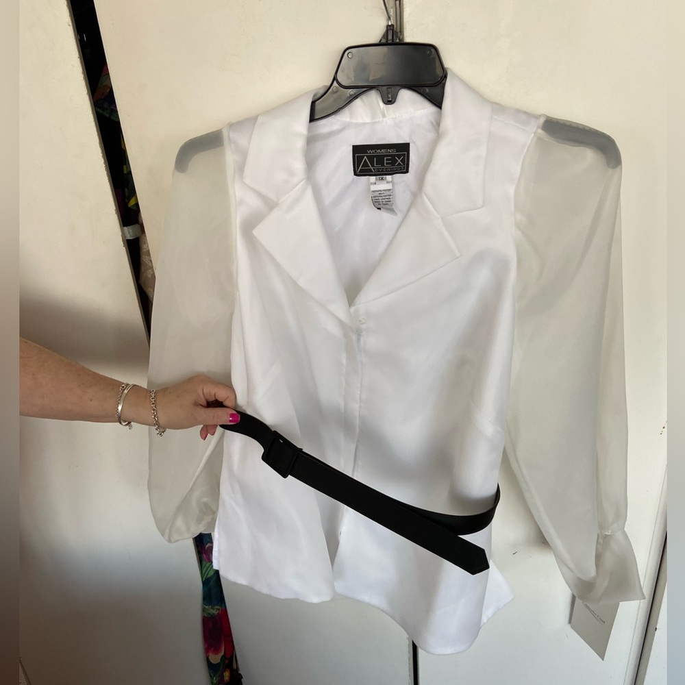 NWT Alex Evenings Belted Jacket with Sheer Organza Sleeves